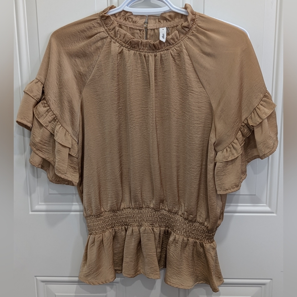 glam Tan Ruffle Sleeve Smocked Peplum Blouse